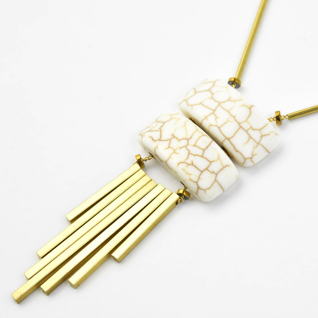 Geometric White Bead and Brass Fringe Necklace