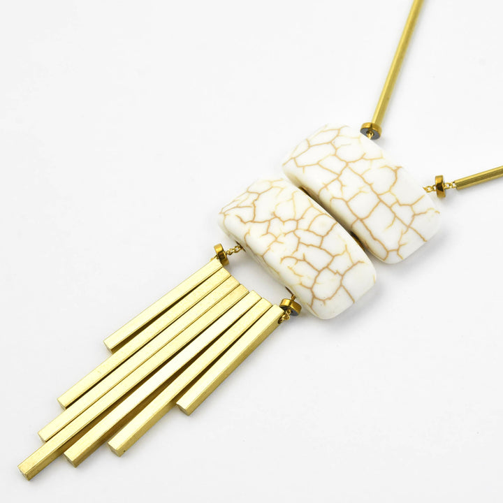 Geometric White Bead and Brass Fringe Necklace