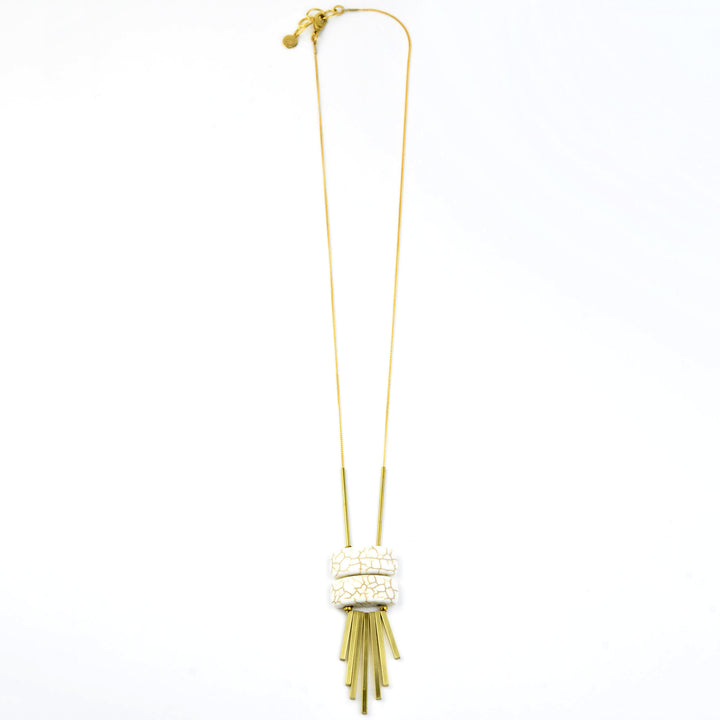 Geometric White Bead and Brass Fringe Necklace