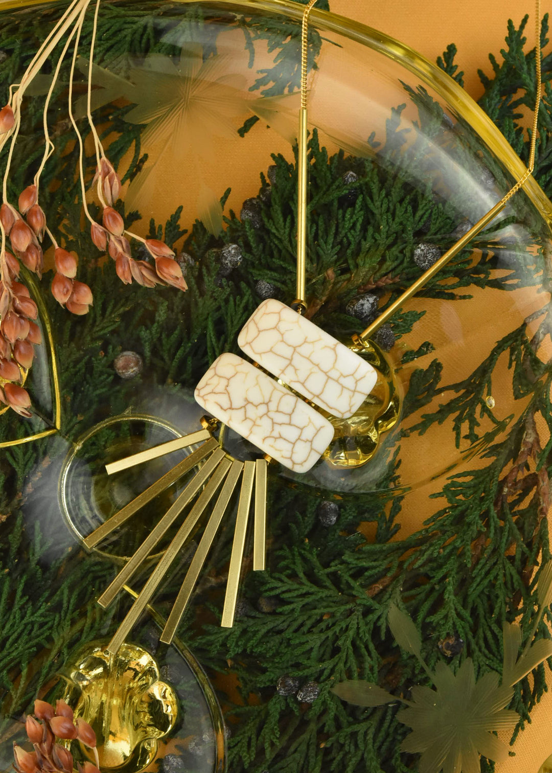 Geometric White Bead and Brass Fringe Necklace