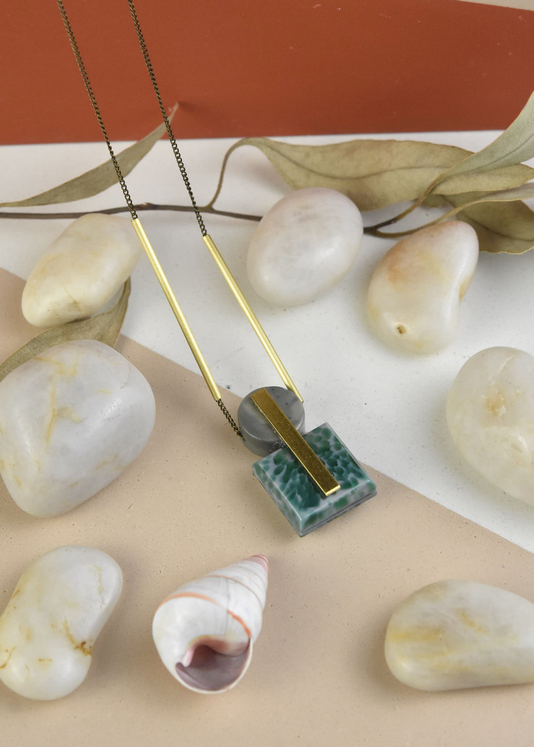 Vintage Glass and Gray Jasper Geometric Necklace - Goldmakers Fine Jewelry