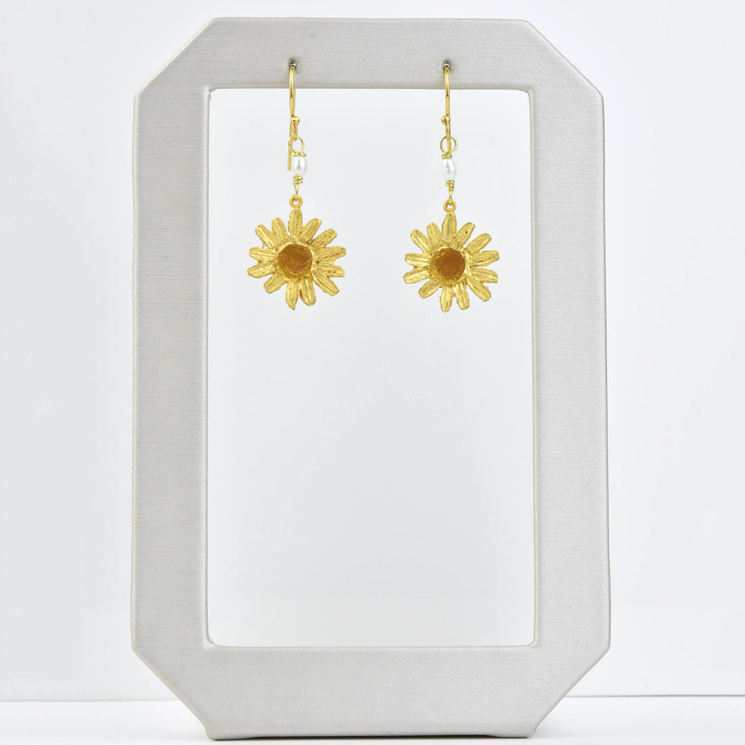 Golden Daisy Earrings with Pearls - Goldmakers Fine Jewelry