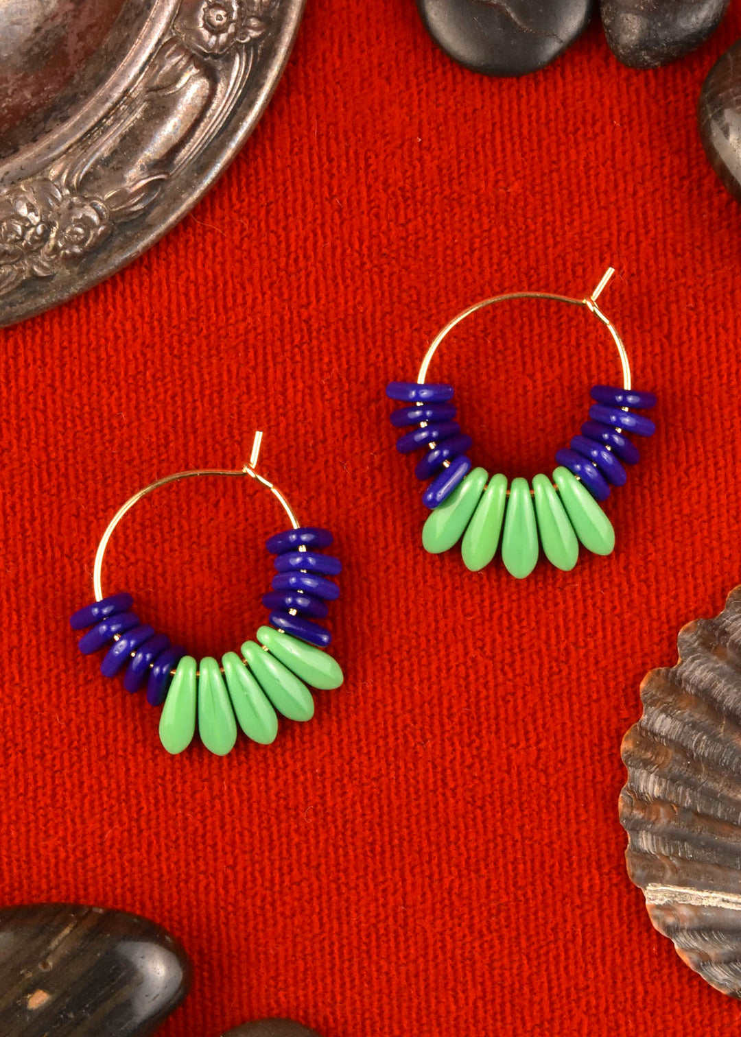 Green and Navy Blue Glass Mini Hoops - Goldmakers Fine Jewelry