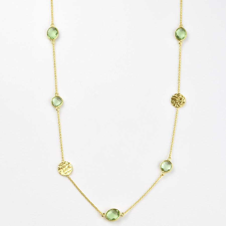 Green Amethyst Long Necklace w/ Hammered Discs - Goldmakers Fine Jewelry
