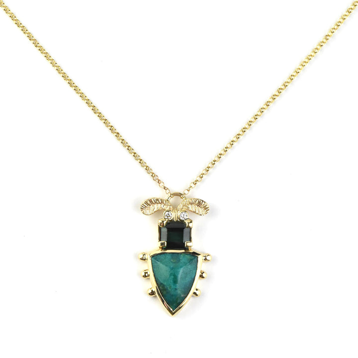 Azurite and Tourmaline Beetle Pendant in Gold