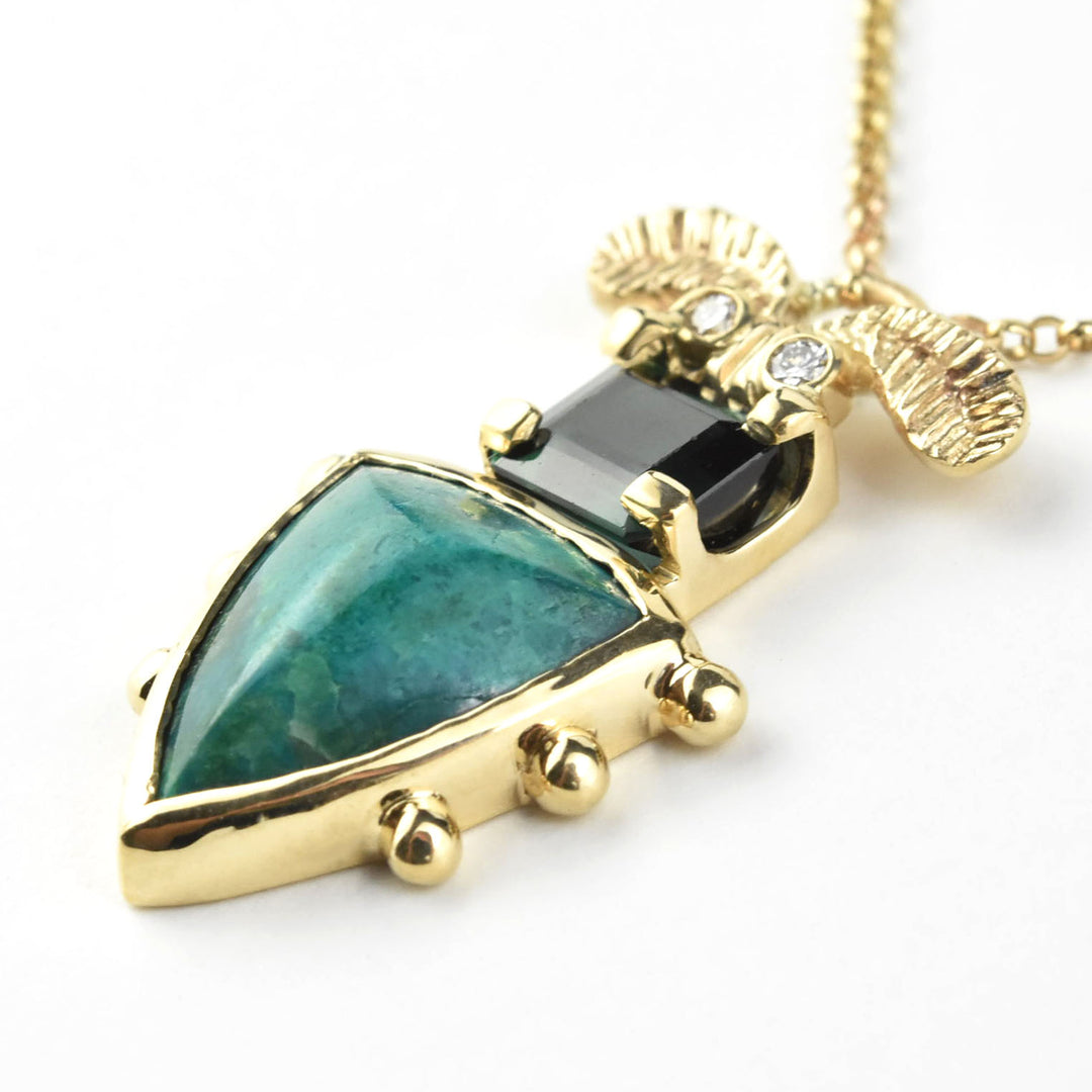 Azurite and Tourmaline Beetle Pendant in Gold