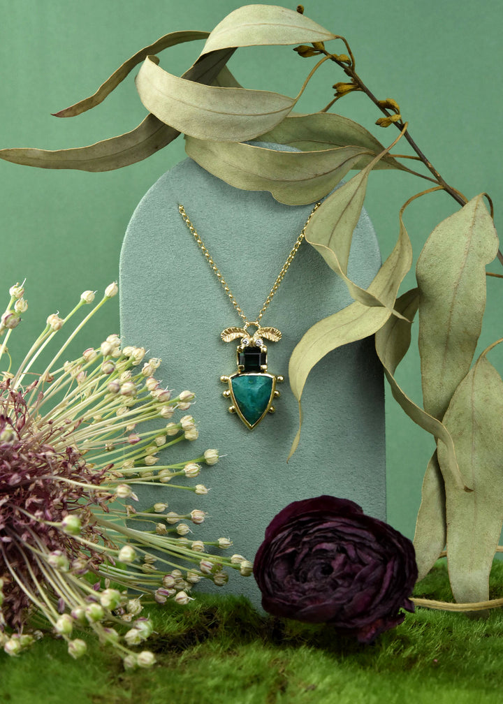 Azurite and Tourmaline Beetle Pendant in Gold