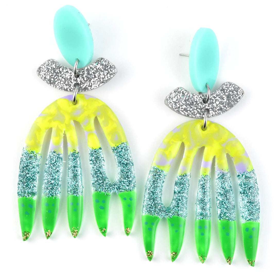 Green, Yellow & Mint Abstract Leaf Earrings