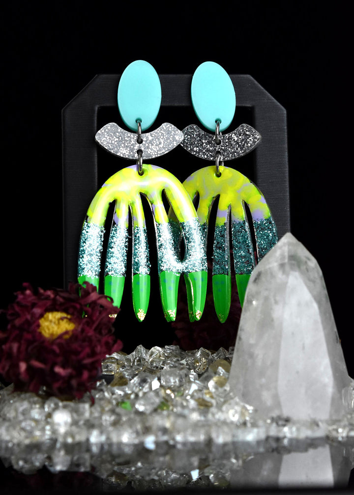 Green, Yellow & Mint Abstract Leaf Earrings