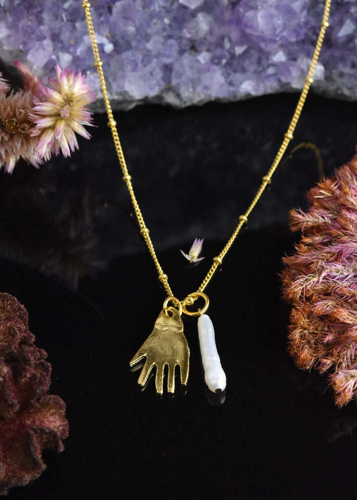 Hand & Pearl Charm Necklace - Goldmakers Fine Jewelry
