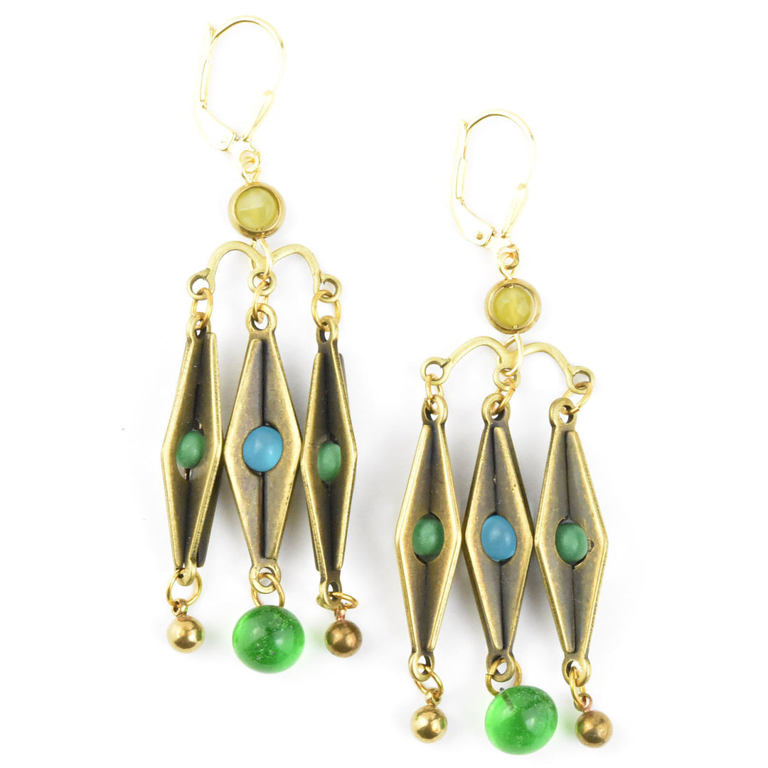 Brass and Green Glass Harlequin Earrings