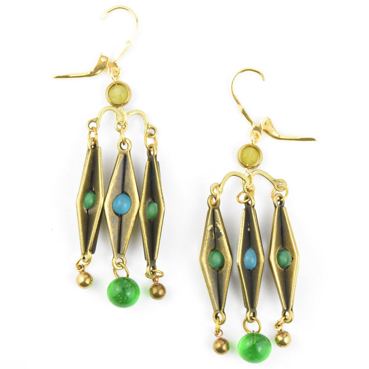 Brass and Green Glass Harlequin Earrings