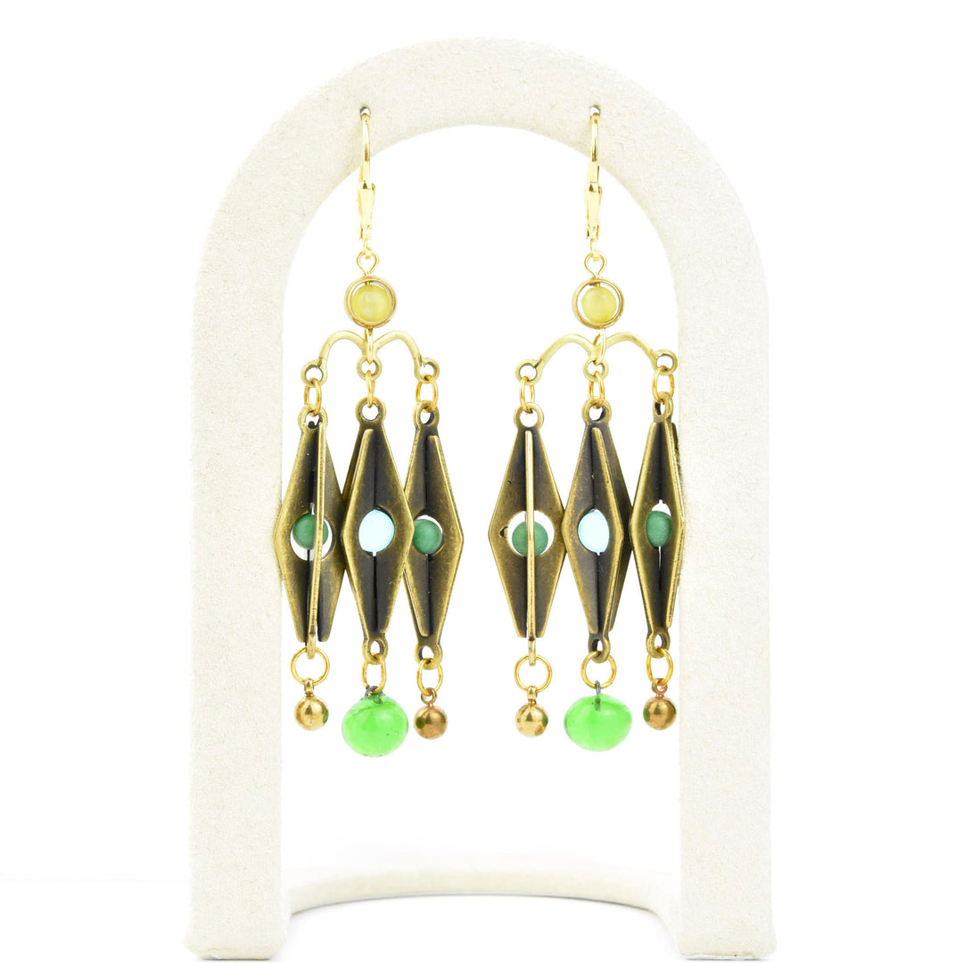 Brass and Green Glass Harlequin Earrings