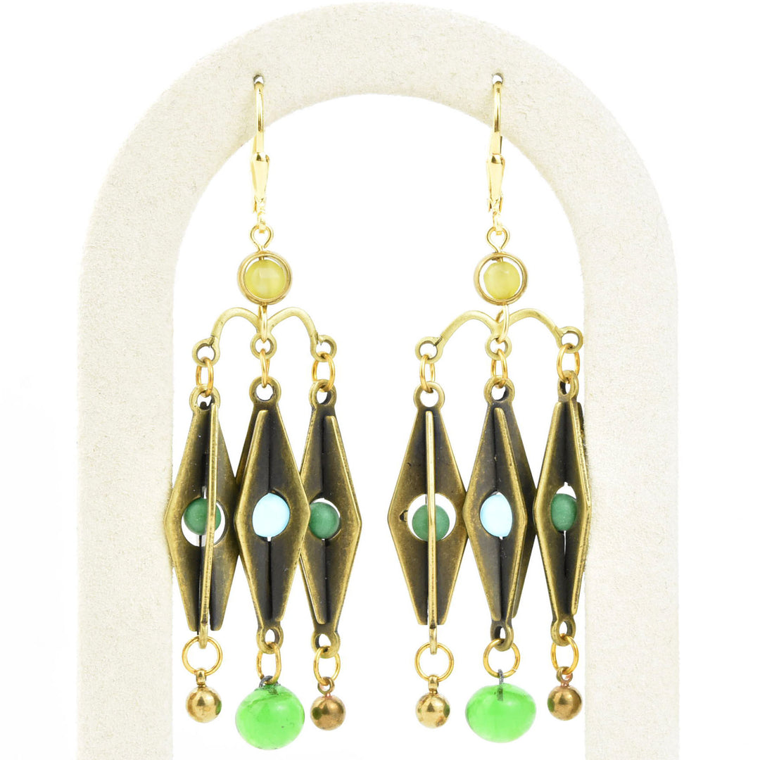 Brass and Green Glass Harlequin Earrings