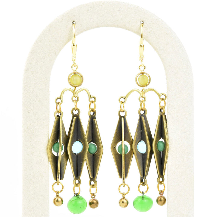 Brass and Green Glass Harlequin Earrings