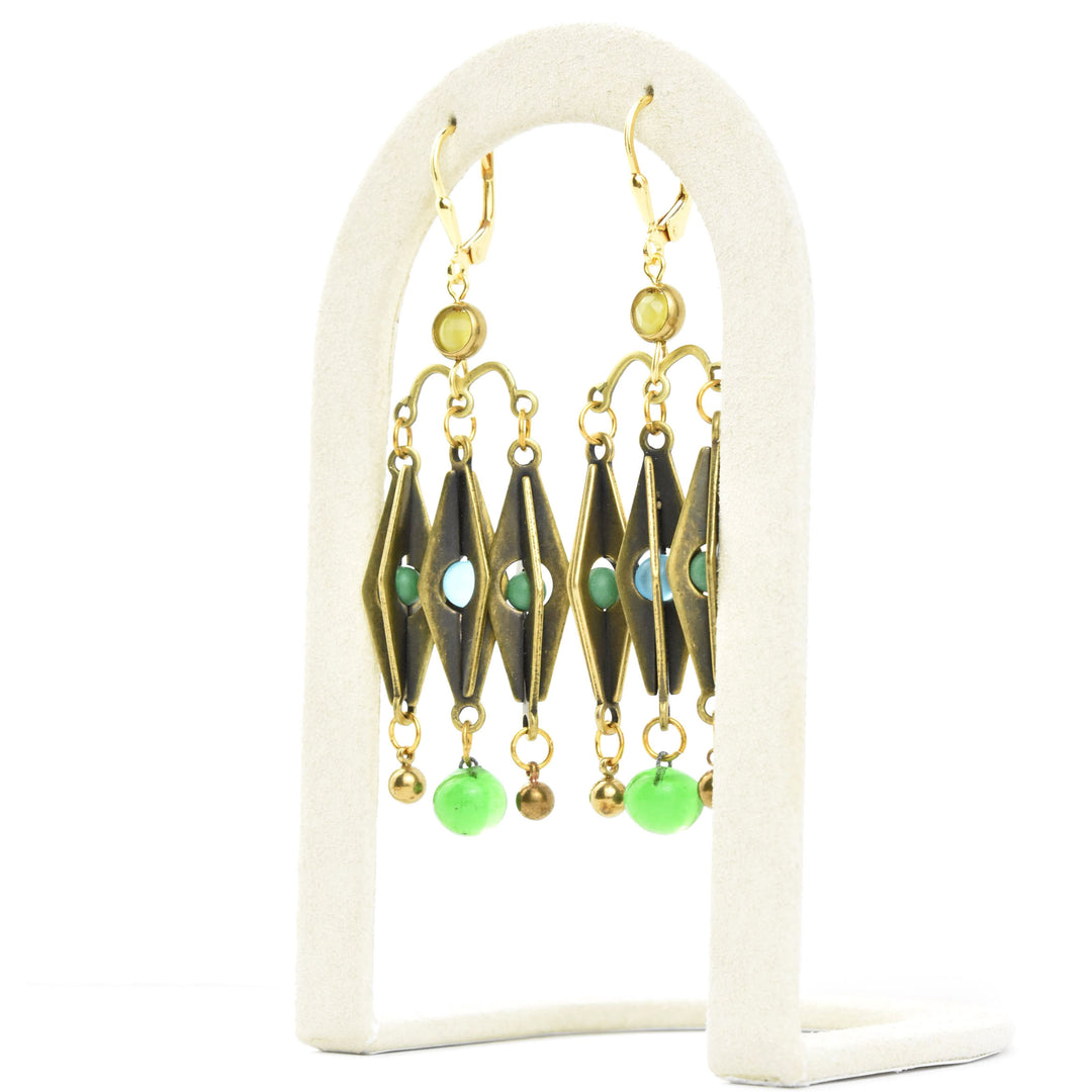 Brass and Green Glass Harlequin Earrings