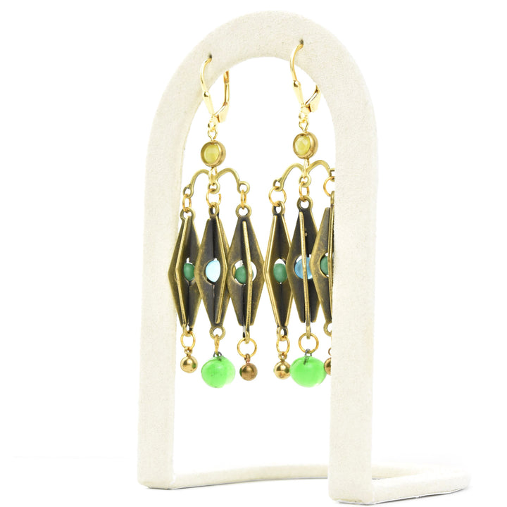 Brass and Green Glass Harlequin Earrings