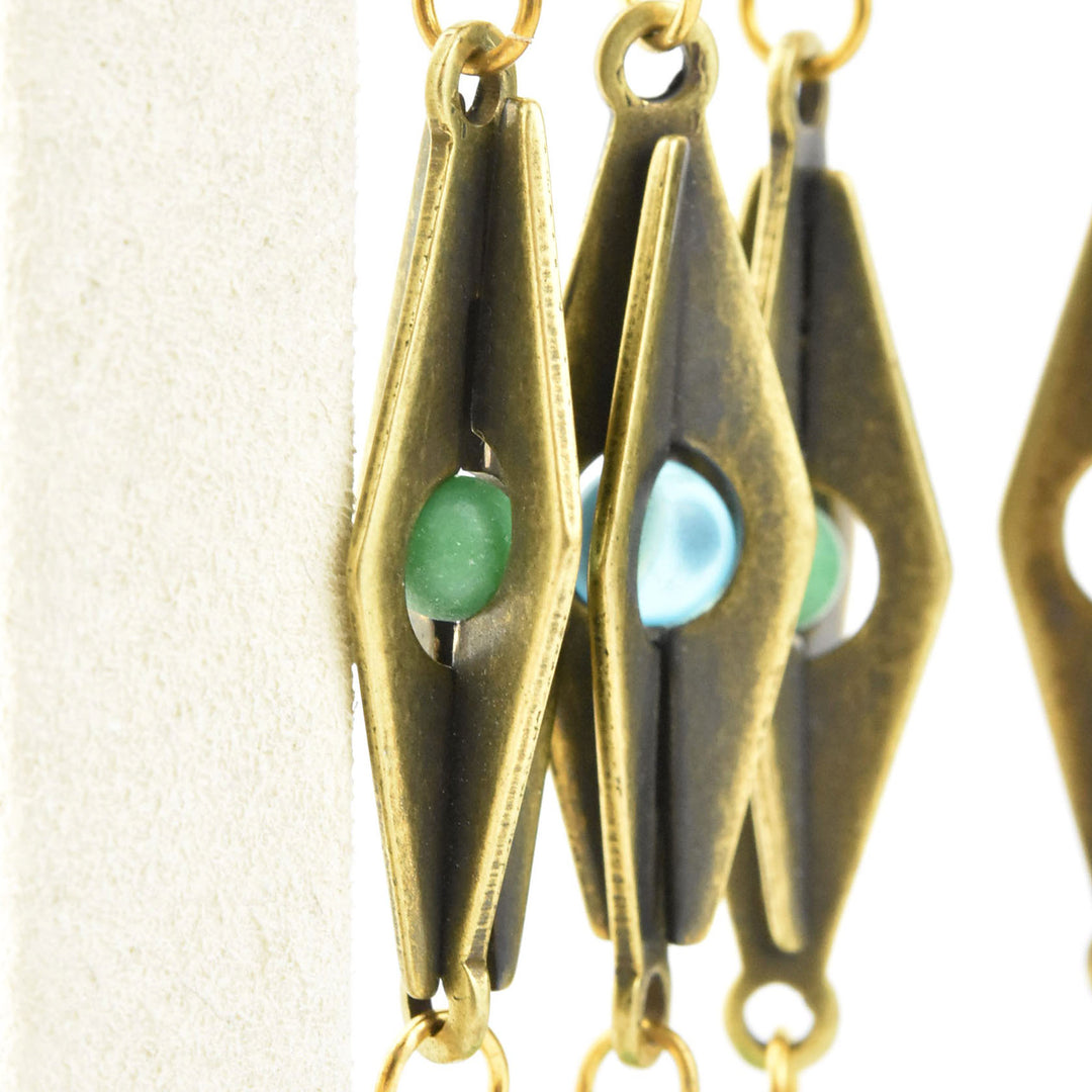 Brass and Green Glass Harlequin Earrings