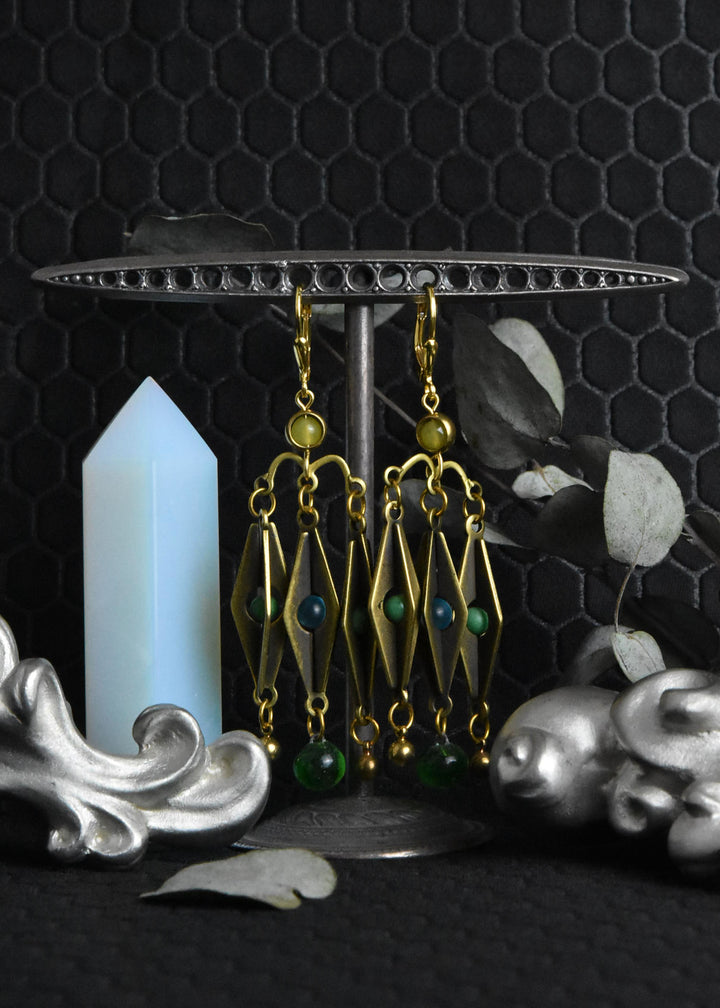 Brass and Green Glass Harlequin Earrings