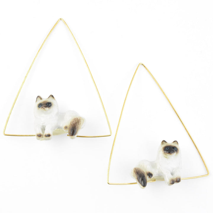 Triangle Lounging Himalayan Cat Earrings - Goldmakers Fine Jewelry