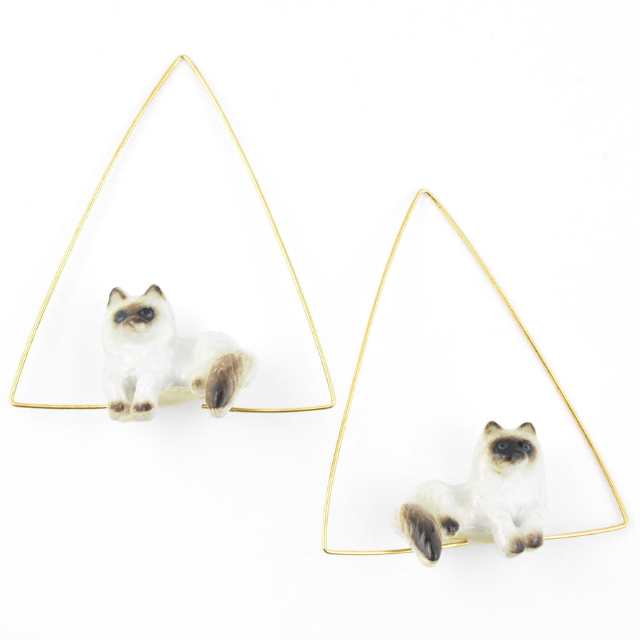 Triangle Lounging Himalayan Cat Earrings - Goldmakers Fine Jewelry