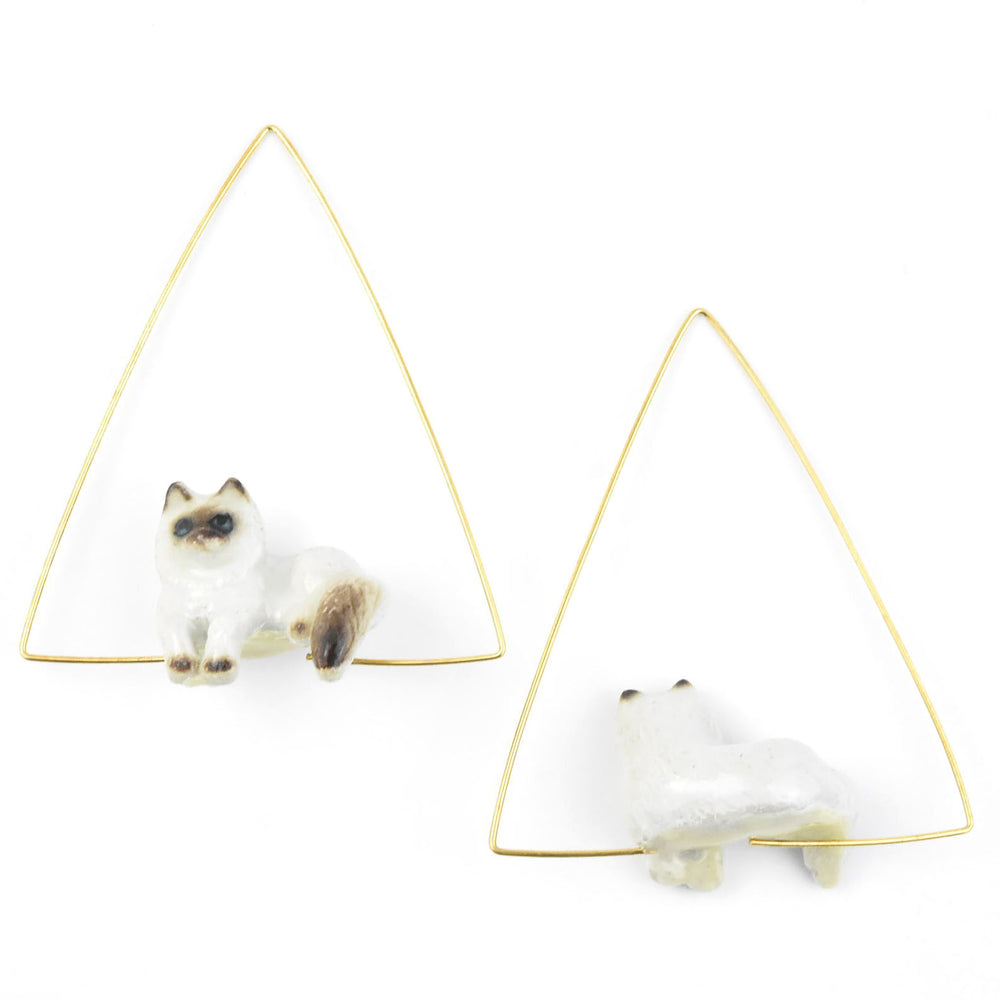 Triangle Lounging Himalayan Cat Earrings - Goldmakers Fine Jewelry