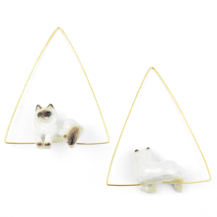 Triangle Lounging Himalayan Cat Earrings - Goldmakers Fine Jewelry