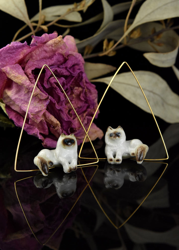 Triangle Lounging Himalayan Cat Earrings - Goldmakers Fine Jewelry