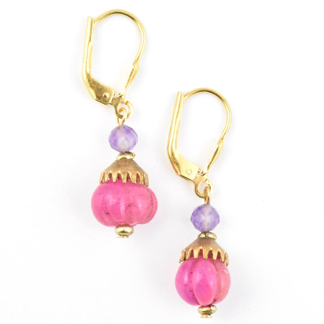 Hot Pink Gumdrop Earrings w/ Purple Beads
