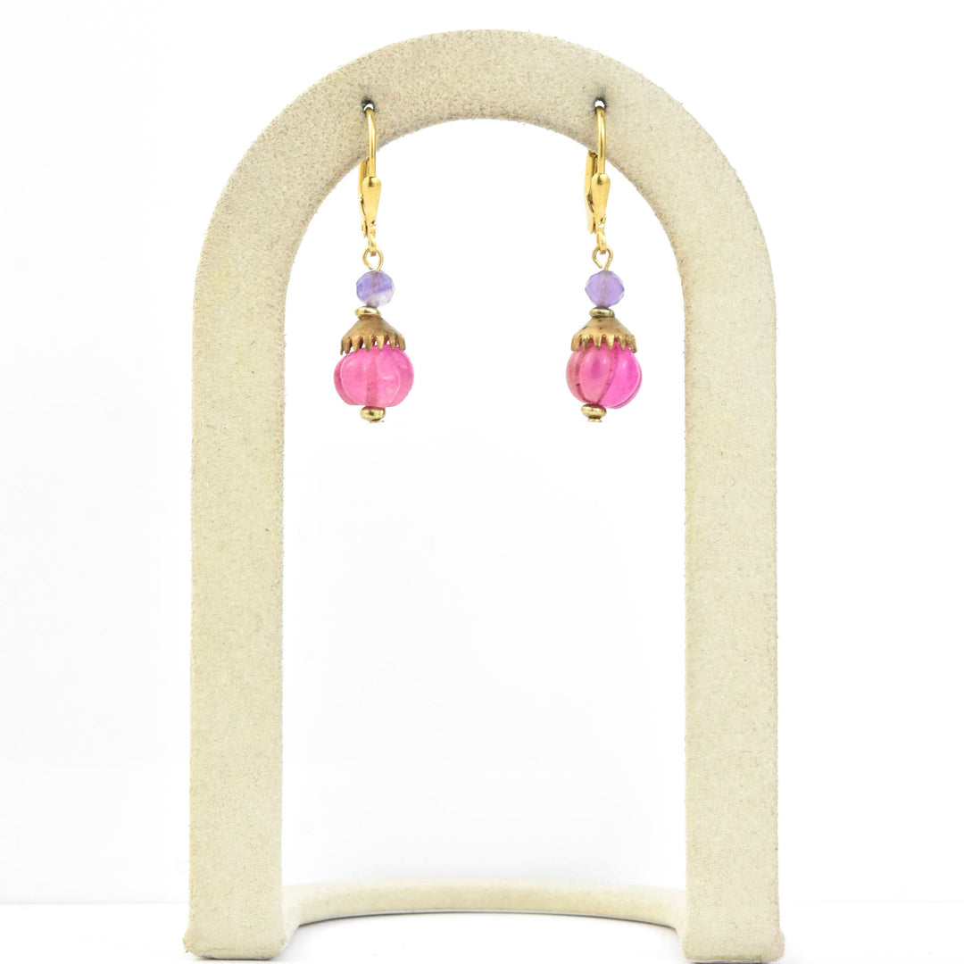 Hot Pink Gumdrop Earrings w/ Purple Beads