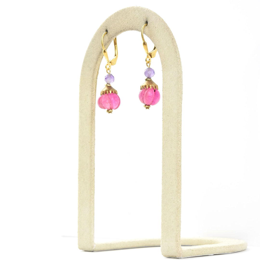Hot Pink Gumdrop Earrings w/ Purple Beads