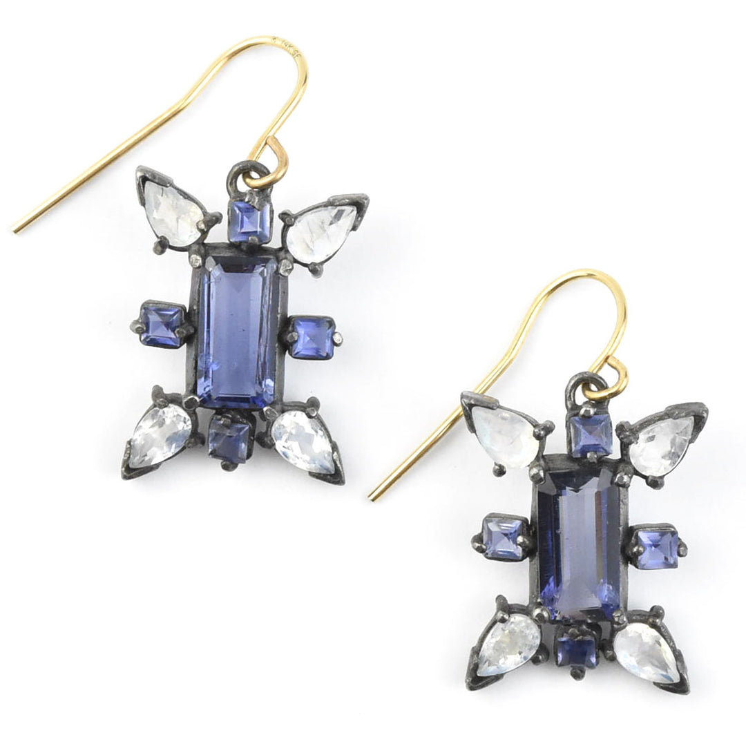 Iolite and Moonstone Earrings in Vermeil and Oxidized Silver