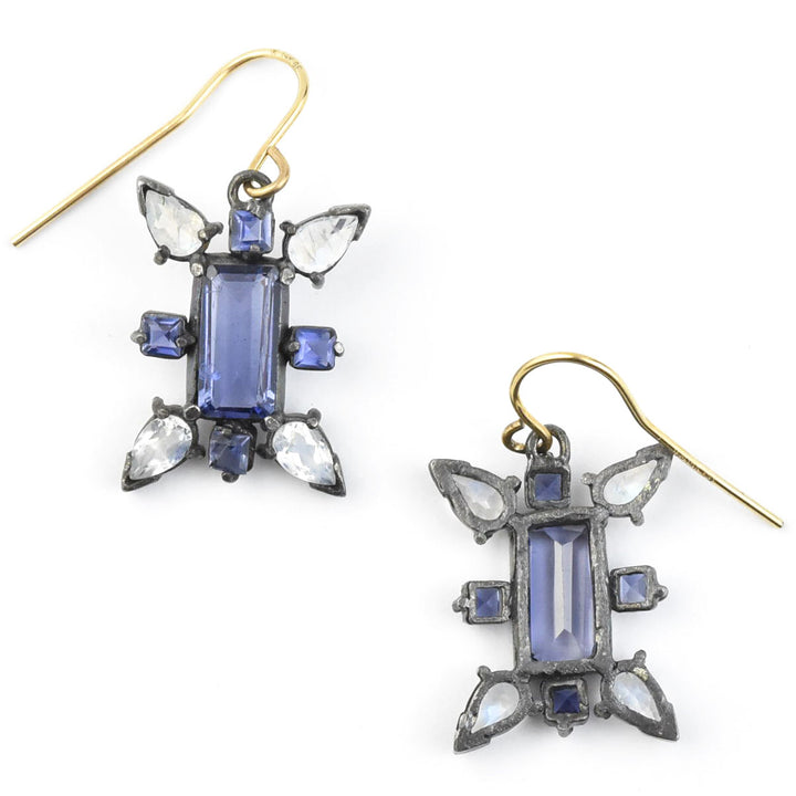 Iolite and Moonstone Earrings in Vermeil and Oxidized Silver