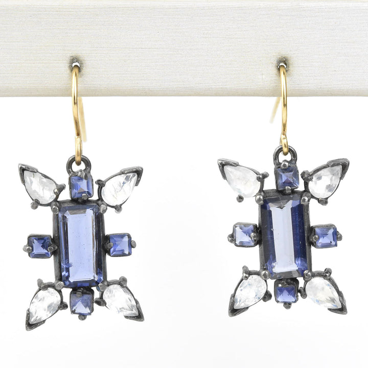 Iolite and Moonstone Earrings in Vermeil and Oxidized Silver
