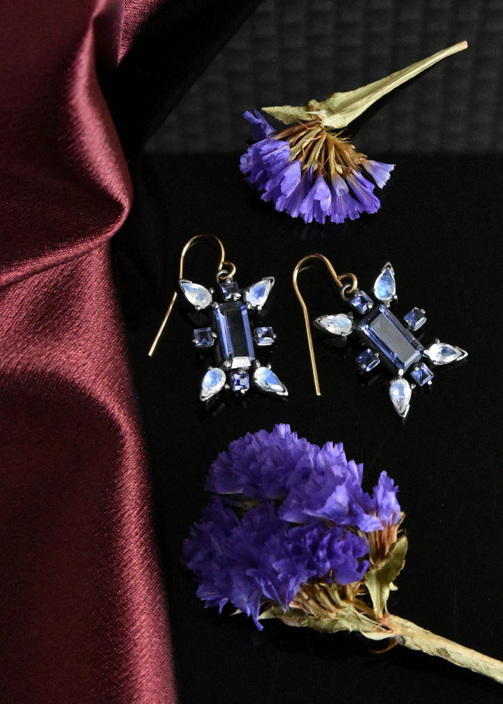Iolite and Moonstone Earrings in Vermeil and Oxidized Silver