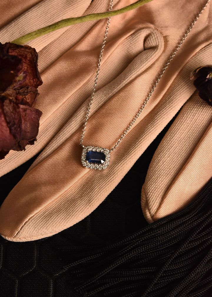 The Isabelle: Sapphire & Diamond Halo Necklace - Goldmakers Fine Jewelry