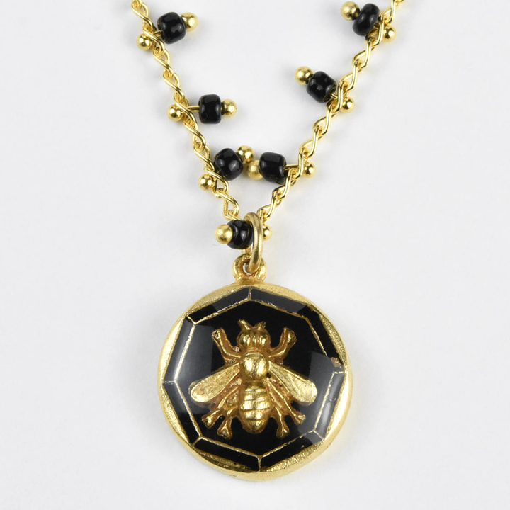 Black Enamel Bee Pendant Necklace - Goldmakers Fine Jewelry