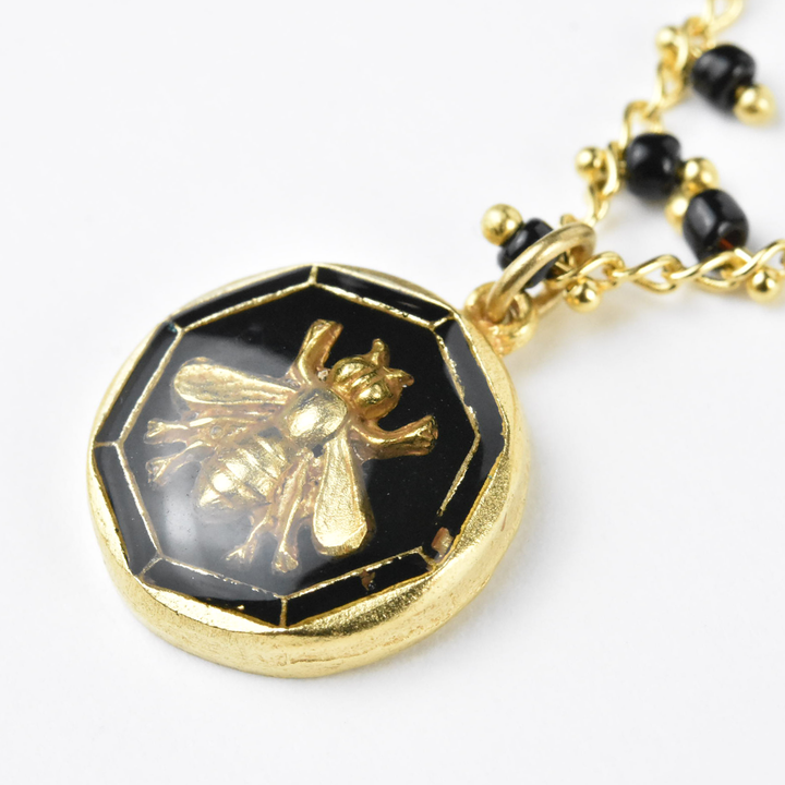 Black Enamel Bee Pendant Necklace - Goldmakers Fine Jewelry