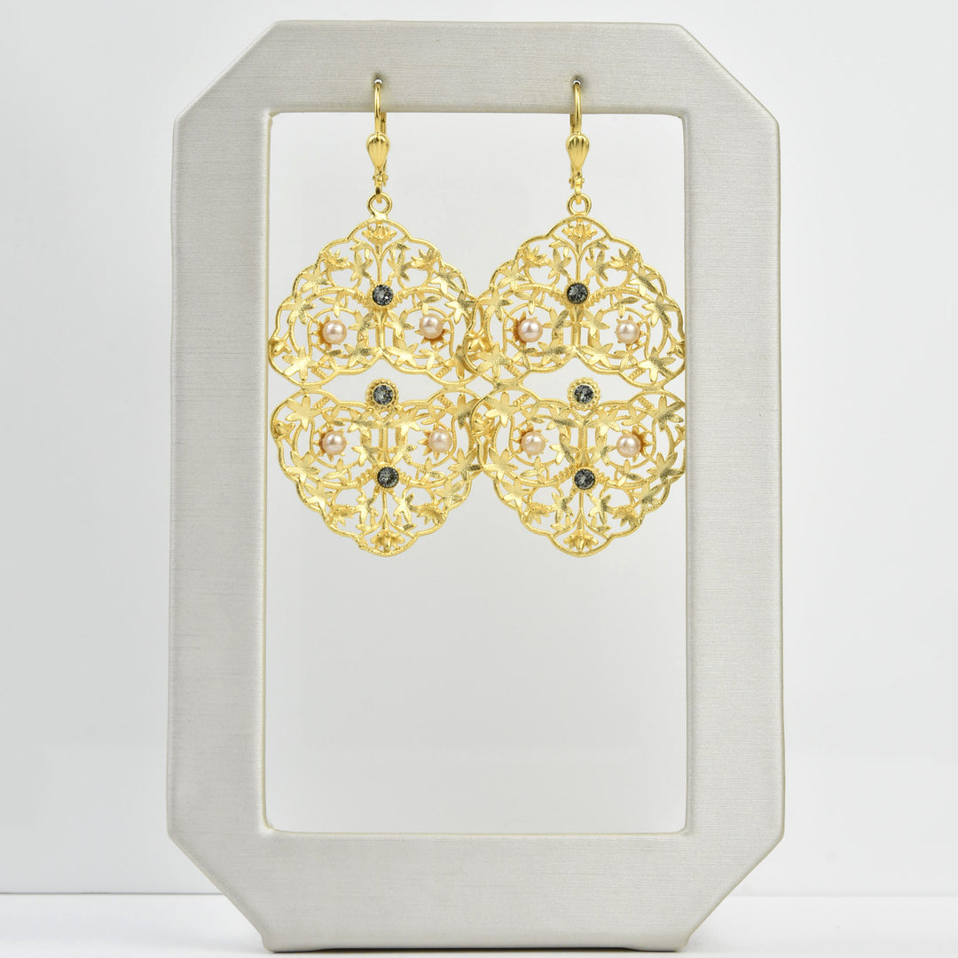 Crystal & Pearl Filigree Earrings - Goldmakers Fine Jewelry