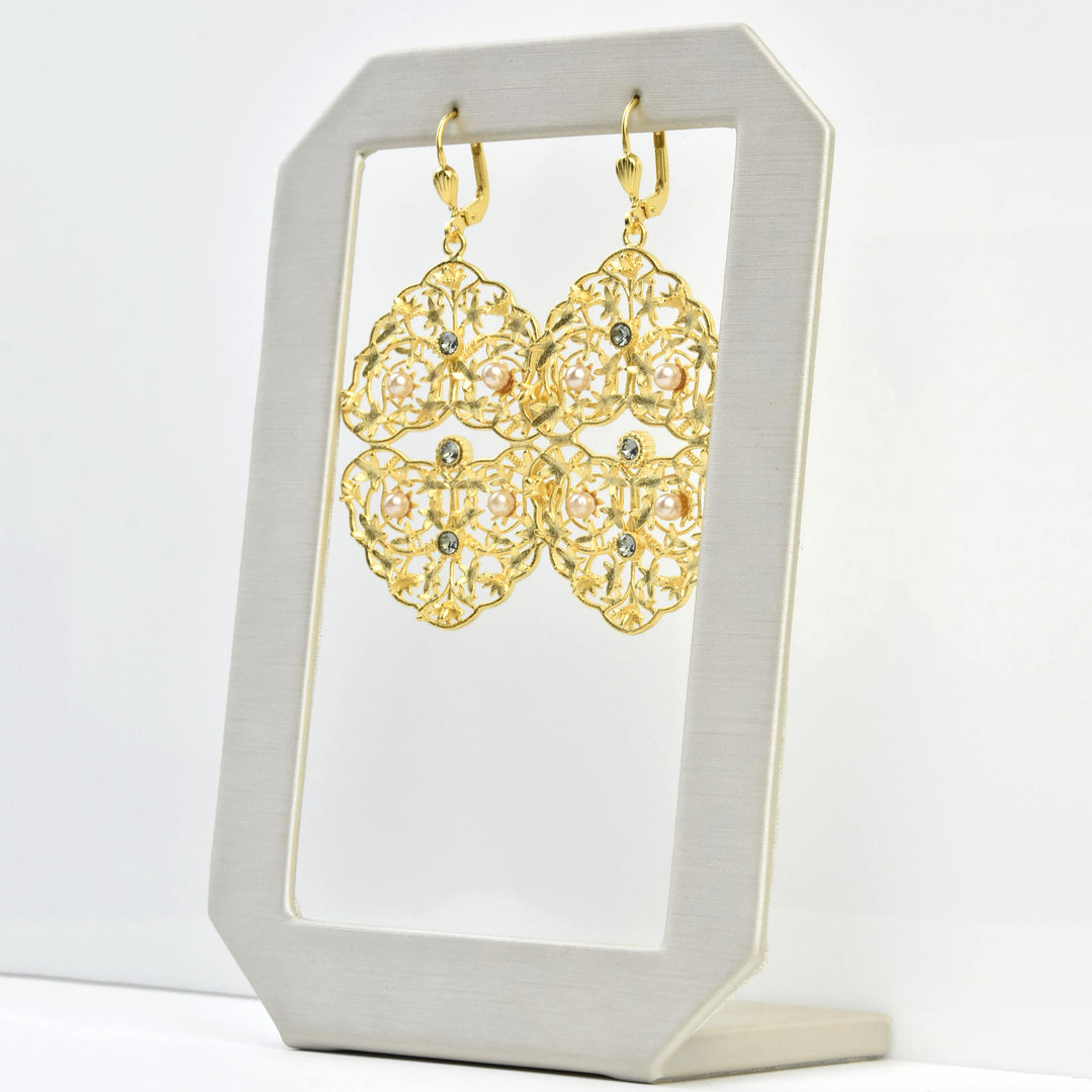 Crystal & Pearl Filigree Earrings - Goldmakers Fine Jewelry