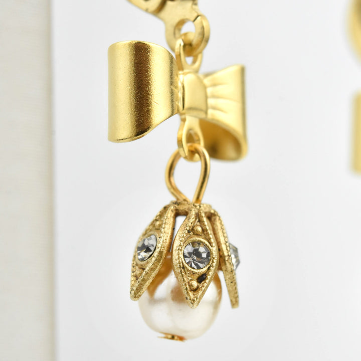 Dainty Bow and Pearl Drop Earrings - Goldmakers Fine Jewelry
