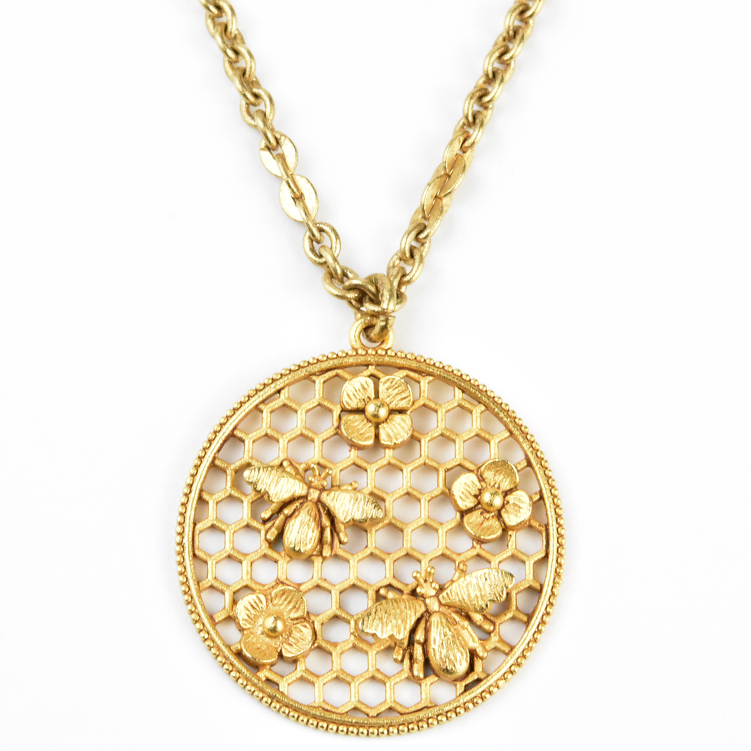 Honeycomb Necklace w/ Bees and Flowers - Goldmakers Fine Jewelry