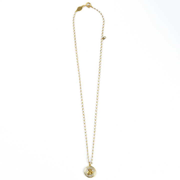 White Enamel Bee Necklace w/ Beaded Chain - Goldmakers Fine Jewelry
