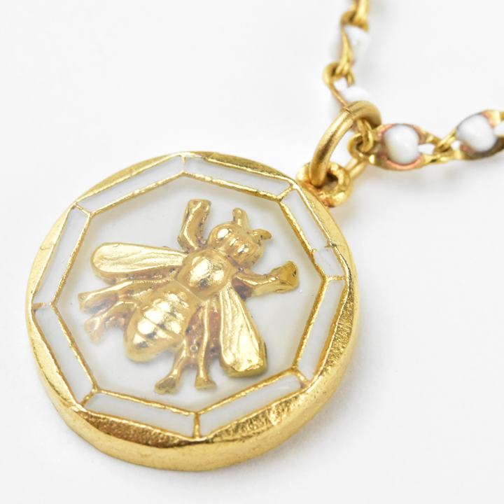 White Enamel Bee Necklace w/ Beaded Chain - Goldmakers Fine Jewelry