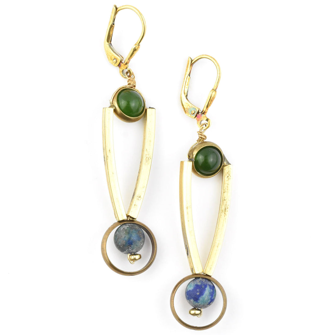 Lapis, Jade and Brass Earrings