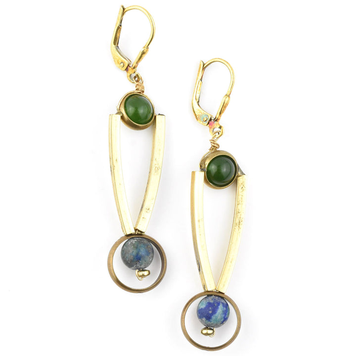 Lapis, Jade and Brass Earrings