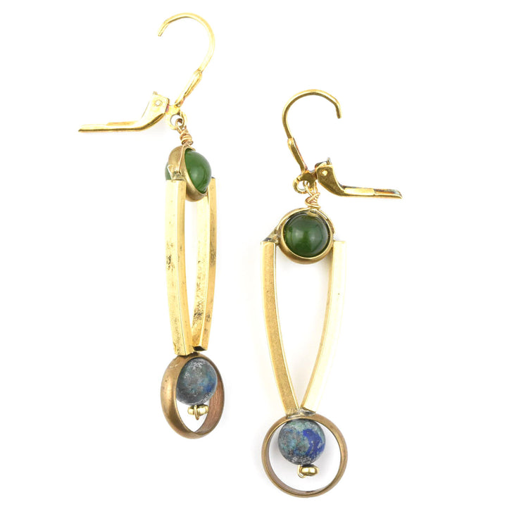 Lapis, Jade and Brass Earrings