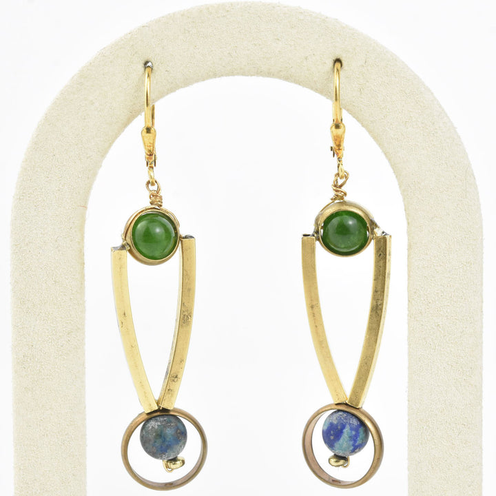 Lapis, Jade and Brass Earrings