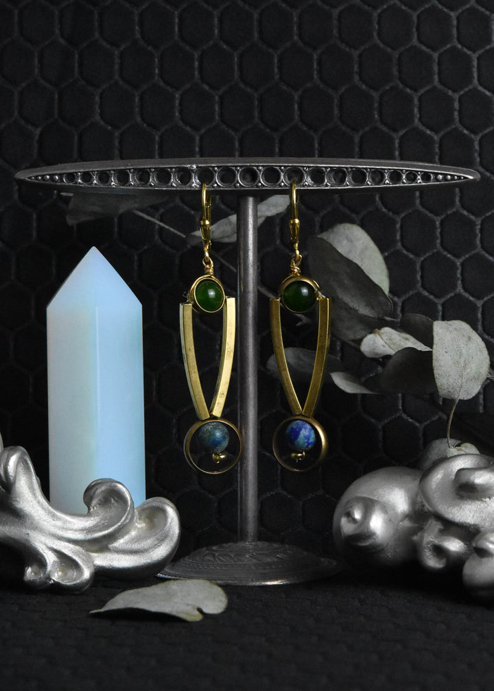 Lapis, Jade and Brass Earrings