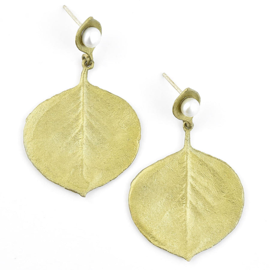 Round Leaf Eucalyptus  Earrings w/ Pearls - Goldmakers Fine Jewelry